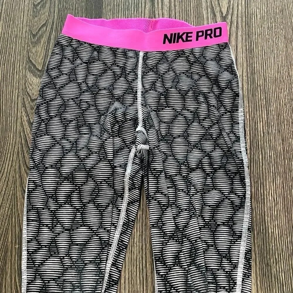 Nike Pro Womens Abstract Print Leggings Elastic Waist Full Length Black Size L
